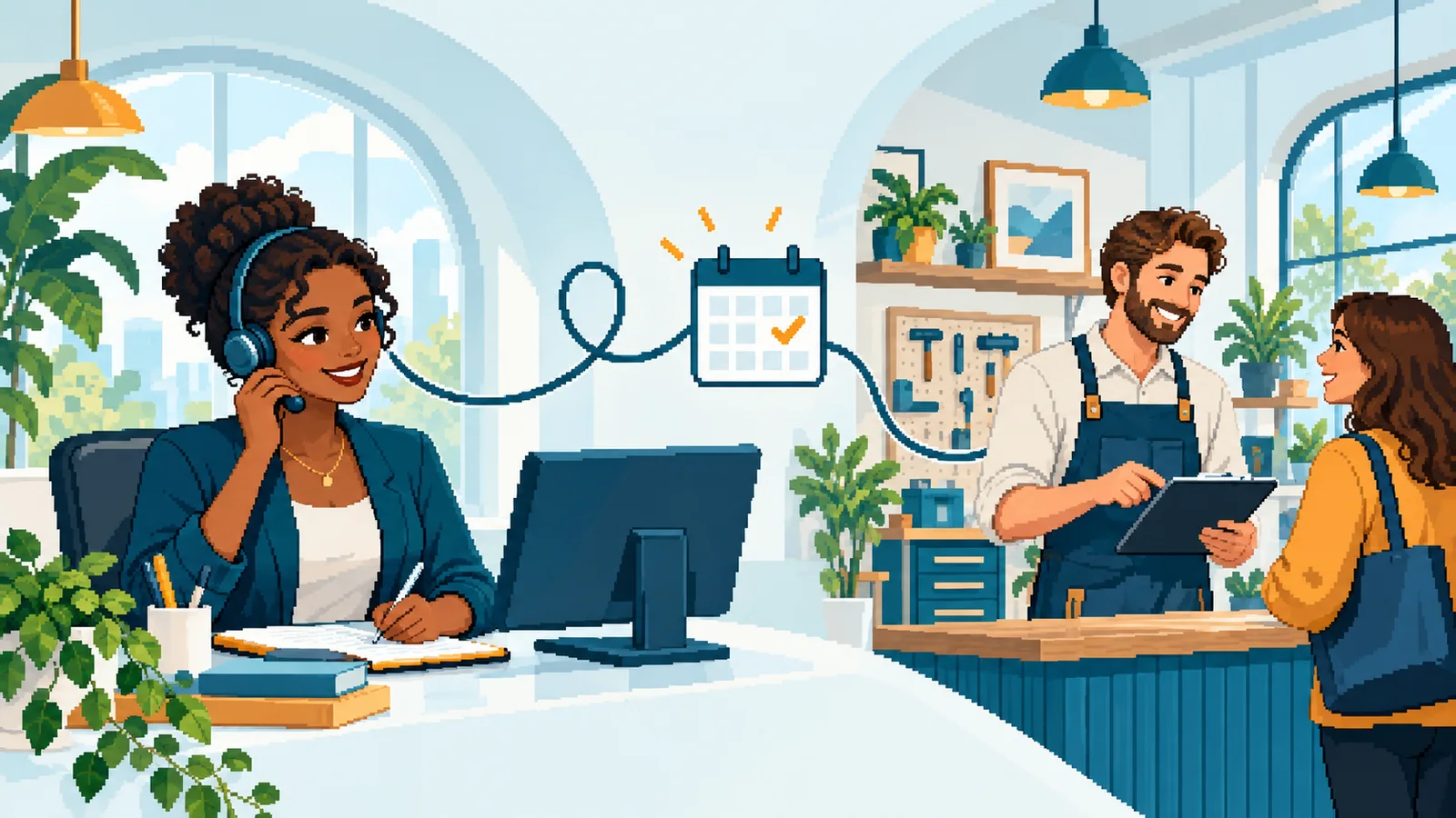 Pixel-art receptionist helping a caller while a business owner serves a customer